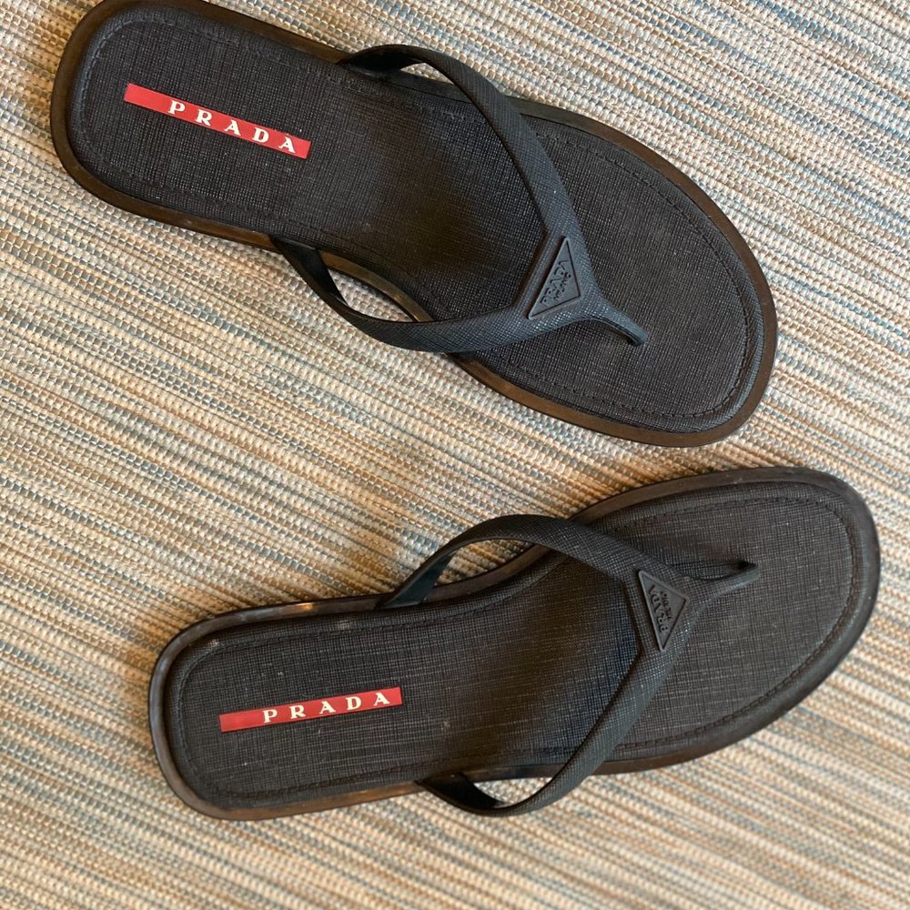 Prada Leather Sandals Black Rubber Trim Grainy tex